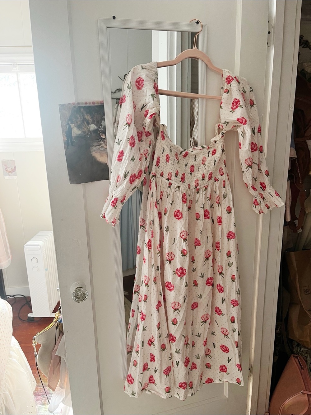 Floral Smocked Midi Dress in Cream with Pink Roses